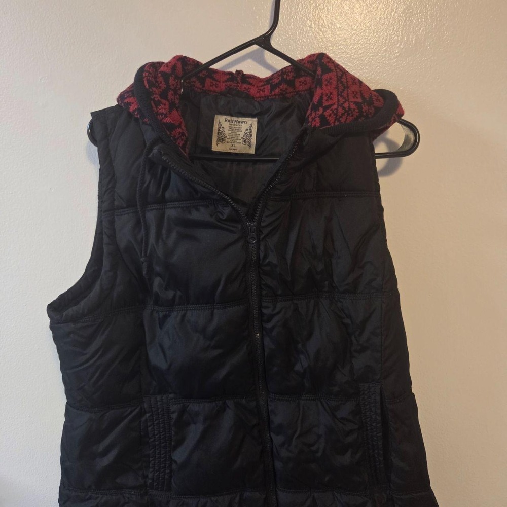 Ruff Hewn Well Worn Puffer Vest Womens XL Black Hooded Knit Fair Isle Zip Up
